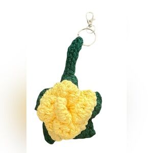 Charming Yellow Rose Flower Green leaves Crochet Keychain Handmade